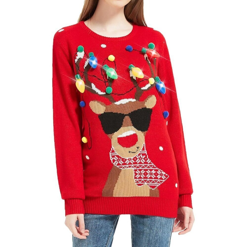 Women's Christmas Reindeer Knitted Holiday Sweater Pullover Cardigan Small